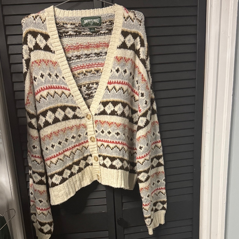 American Eagle Outfitters Cream and Black Patterned Cardigan
